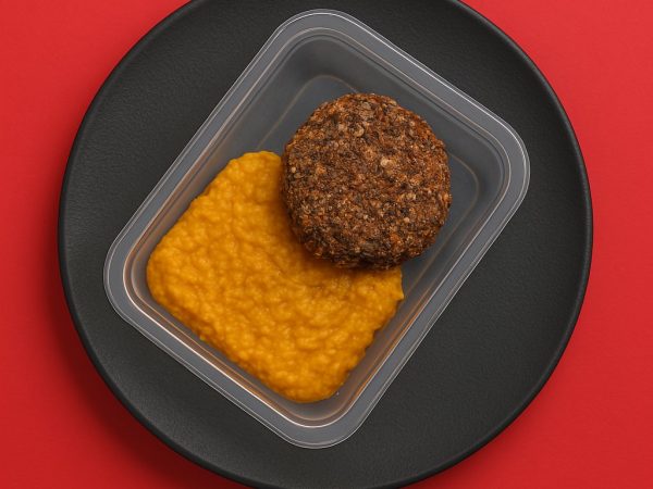 Hambúrguer artesanal de patinho com purê de abóbora