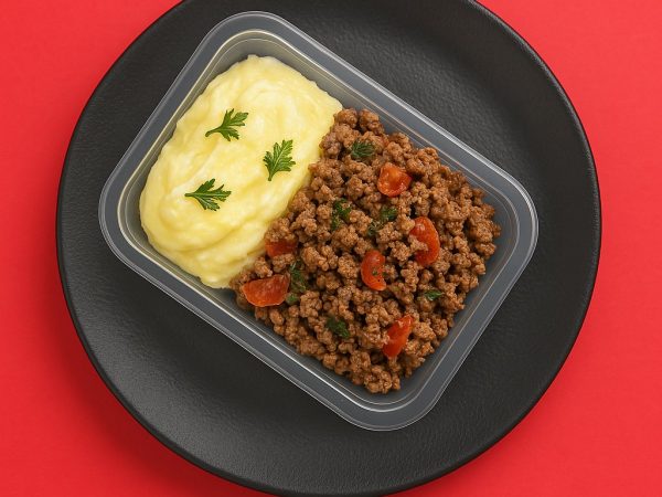 Carne moída refogada com legumes e purê de batata inglesa