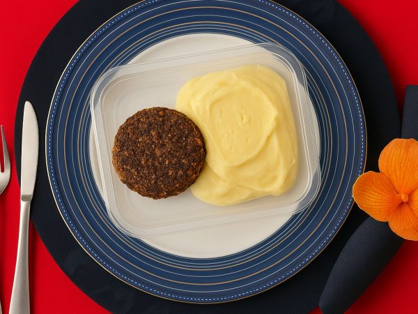 Hambúrguer artesanal de patinho com purê de batata doce
