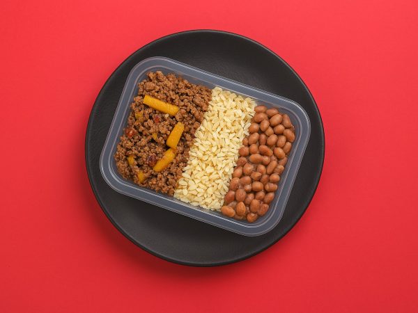 Brasileirinho de carne (Patinho moído, arroz, feijão e mandioquinha cozida)