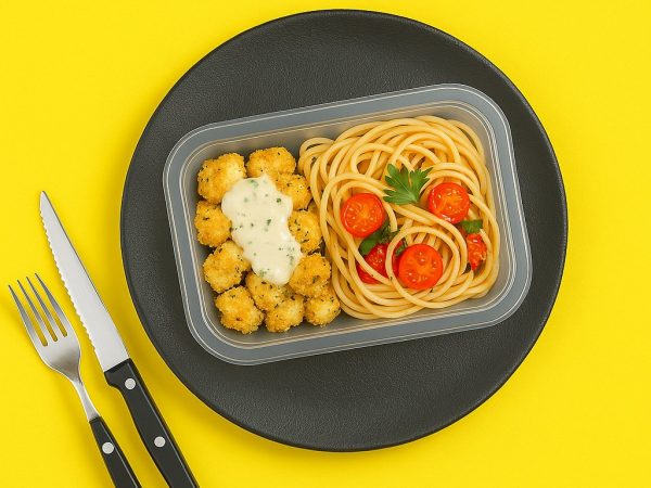 Frango empanado acompanhado de molho gorgonzola e macarrão com tomate cereja e manjericão