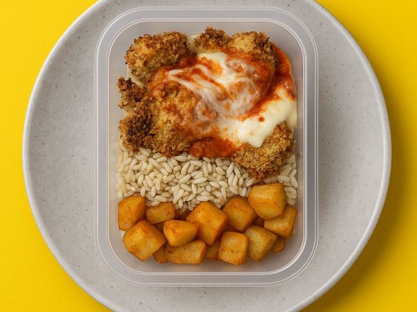 Filé de frango à parmegiana c/ arroz integral e batata rústica