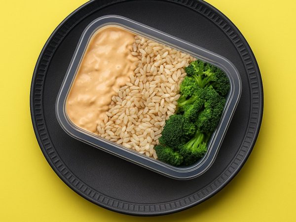 Strogonoff de frango com arroz integral e brócolis ao vapor